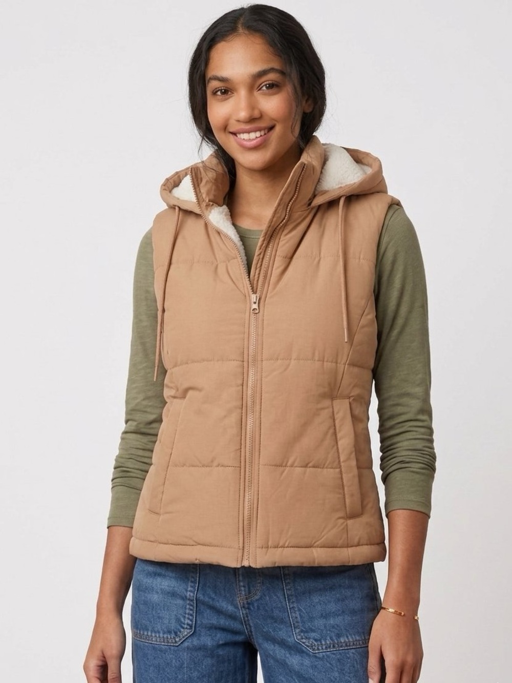 🍂 Love Tree Camel Sherpa Hooded Zippered Puffer Vest with Zip Pockets | Small